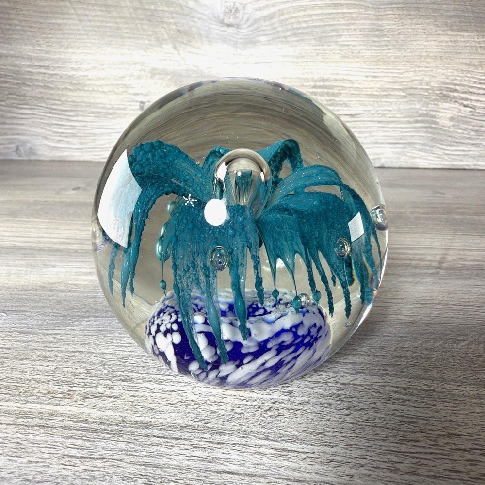 Vtg Crystal Paperweight Teal Flower Blue Ocean Water Cloud Controlled Bubbles 3"